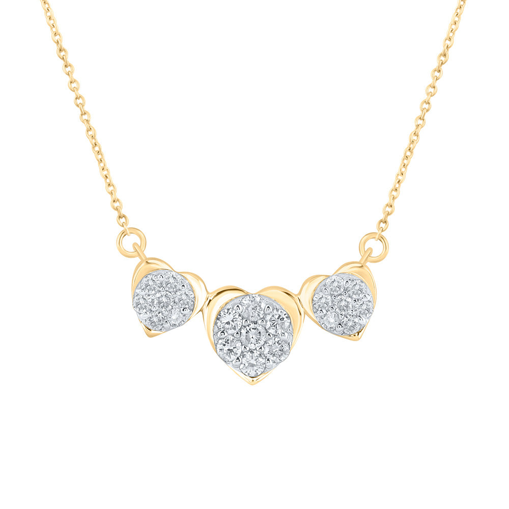 10kt Yellow Gold Womens Round Diamond Triple Heart Necklace 1/4 Cttw