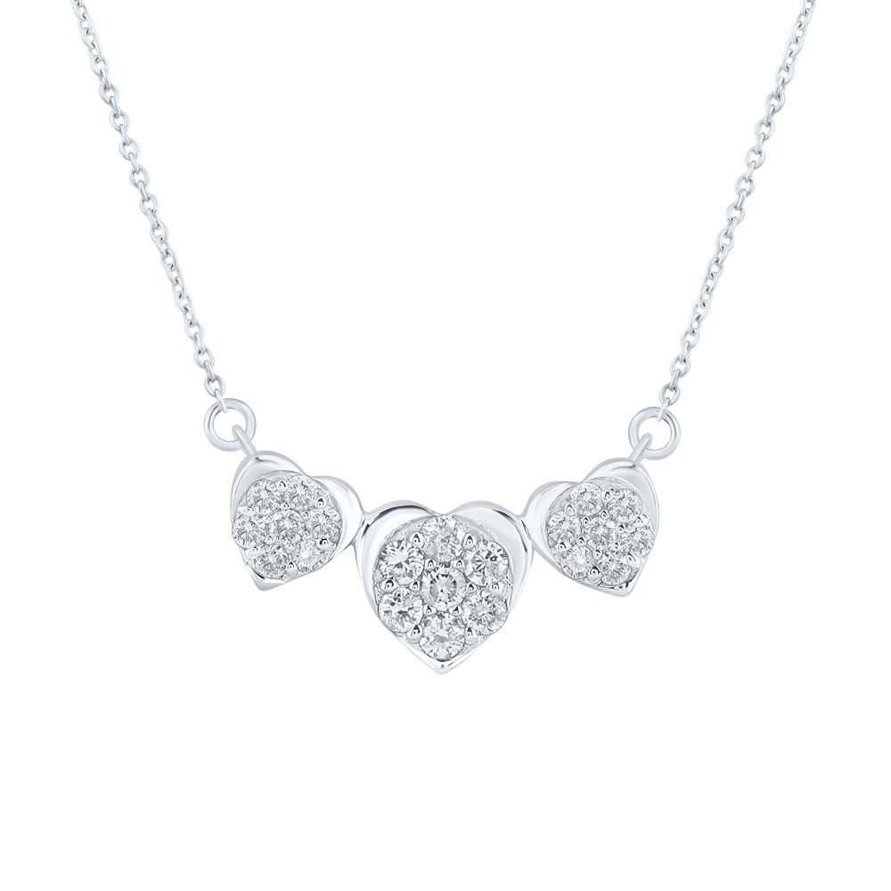 10kt White Gold Womens Round Diamond Triple Heart Necklace 1/4 Cttw