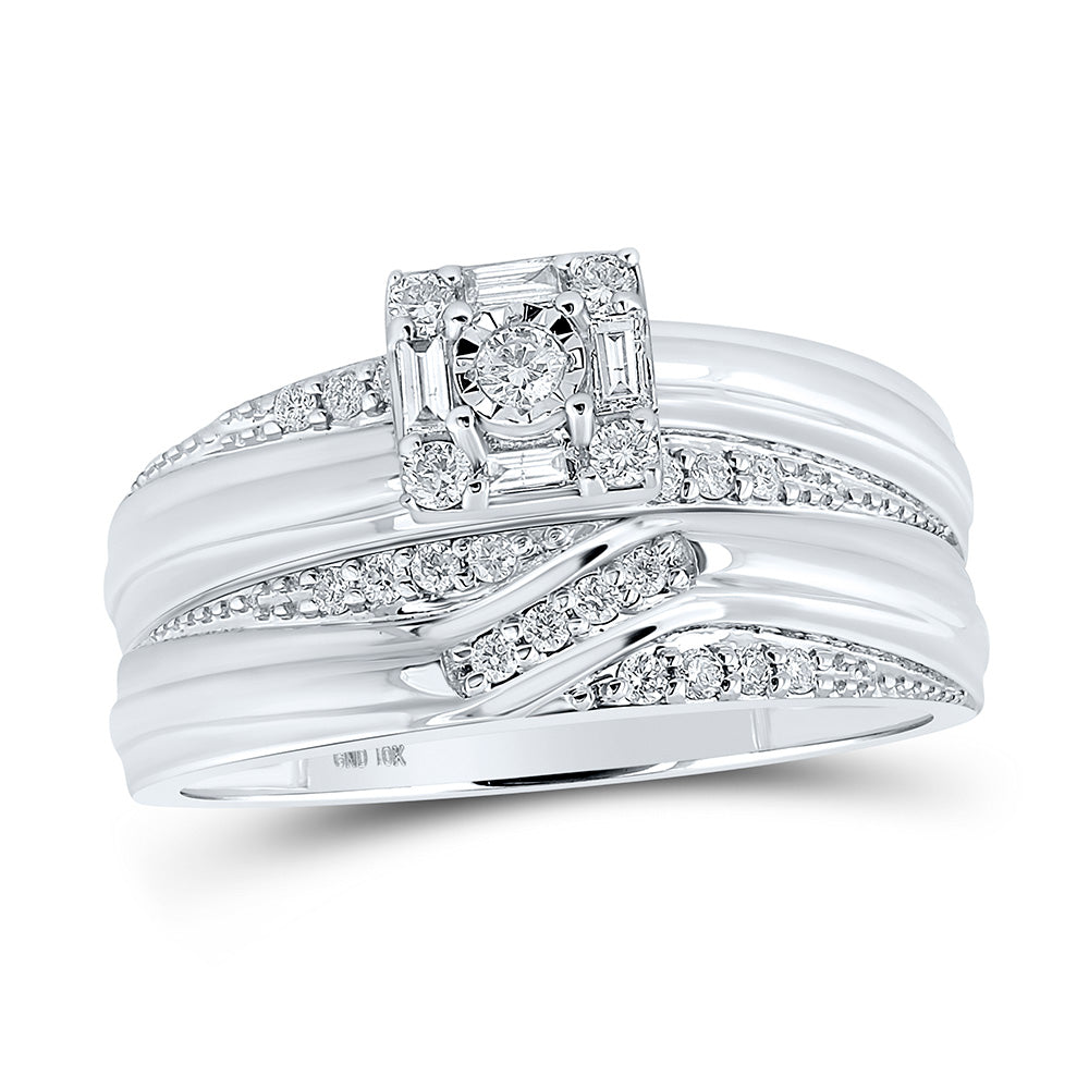 10kt White Gold His Hers Round Diamond Square Matching Wedding Set 1/3 Cttw