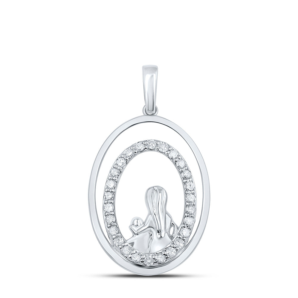 10kt White Gold Womens Round Diamond Oval Child Mom Pendant 1/5 Cttw