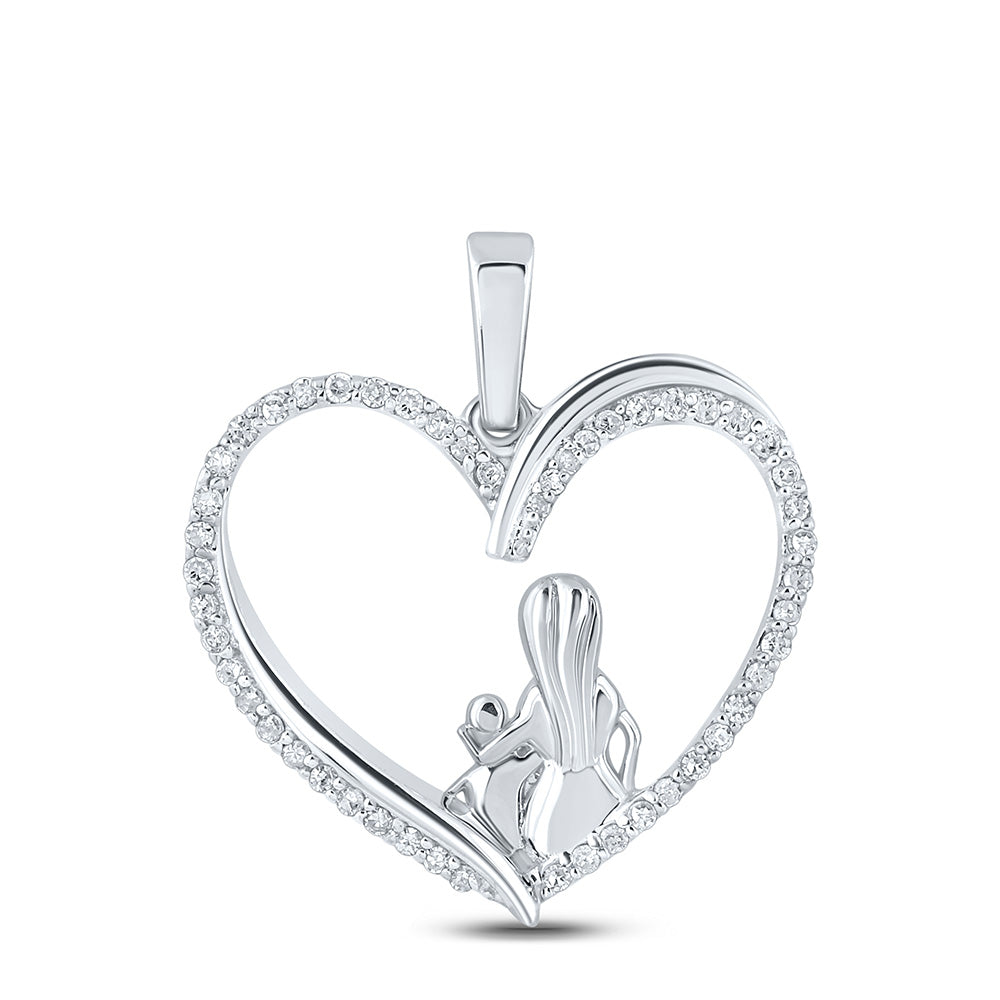 10kt White Gold Womens Round Diamond Heart Child Mom Pendant 1/5 Cttw