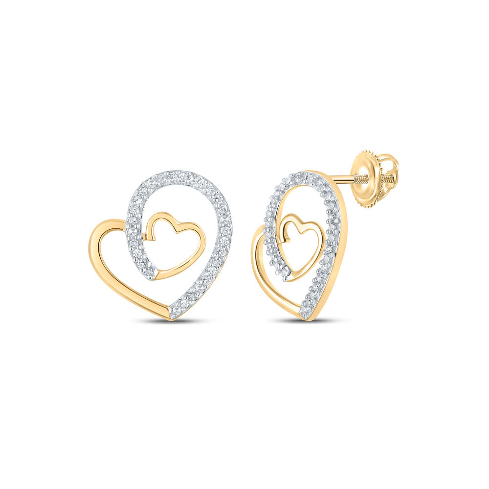 10kt Yellow Gold Womens Round Diamond Heart Earrings 1/6 Cttw