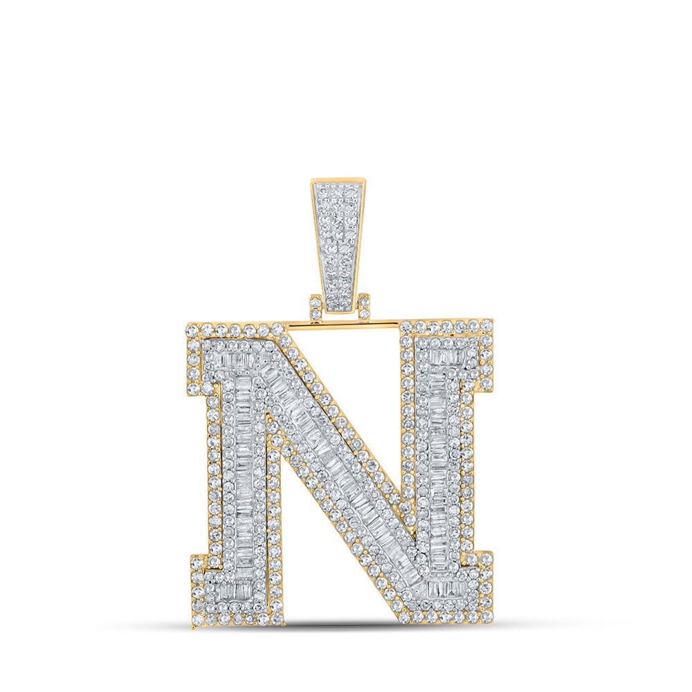 10kt Two-tone Gold Mens Baguette Diamond N Initial Letter Charm Pendant 2-5/8 Cttw