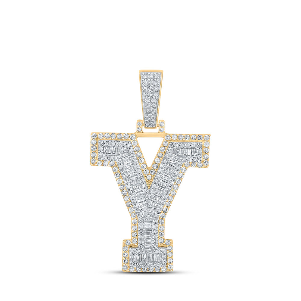 10kt Two-tone Gold Mens Baguette Diamond Y Initial Letter Charm Pendant 1-5/8 Cttw