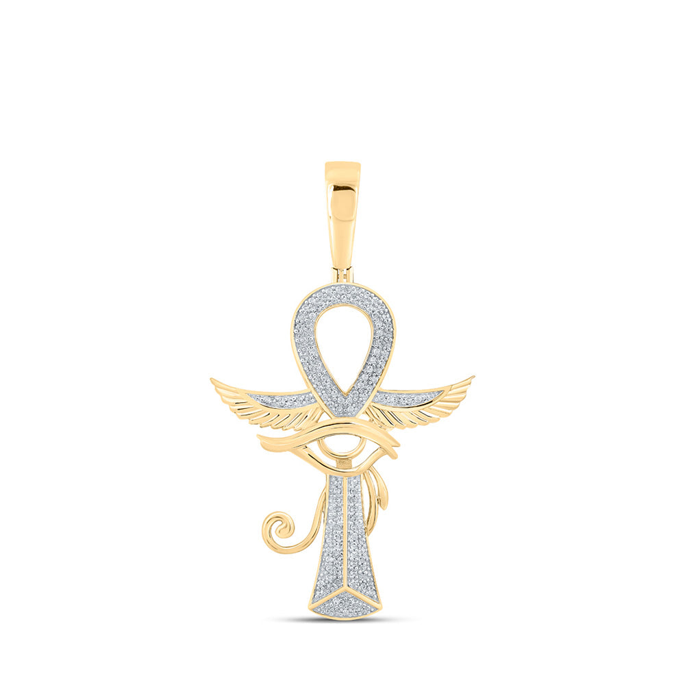 10kt Yellow Gold Mens Round Diamond Ankh Eye Cross Charm Pendant 1/3 Cttw