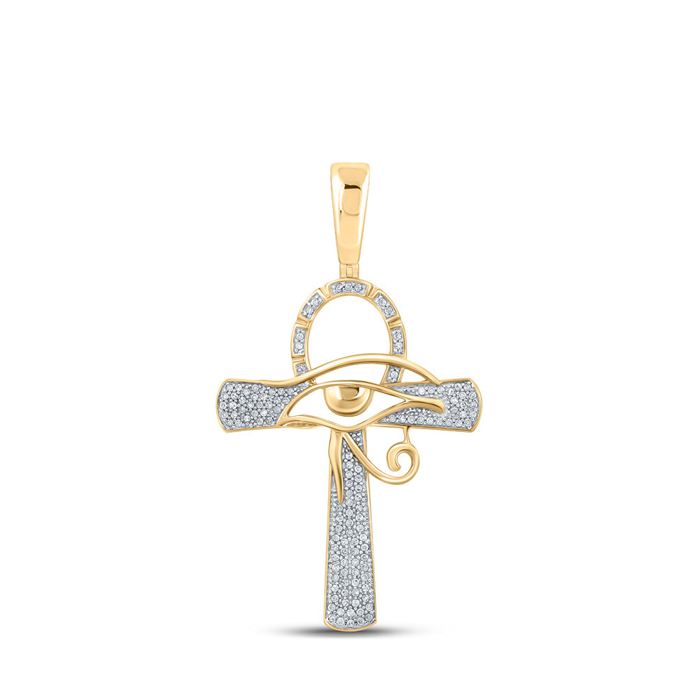 10kt Yellow Gold Mens Round Diamond Ankh Eye Cross Charm Pendant 1/3 Cttw