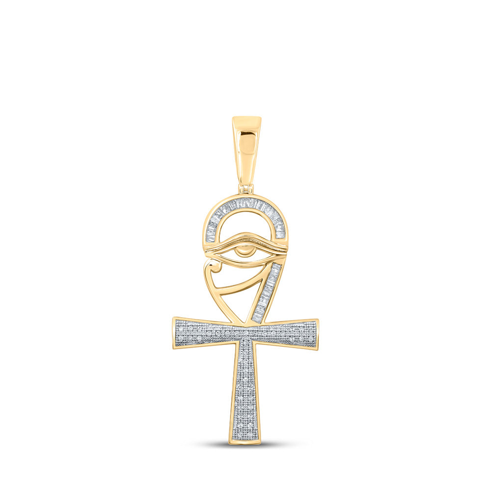 10kt Yellow Gold Mens Baguette Diamond Ankh Eye Cross Charm Pendant 1/3 Cttw