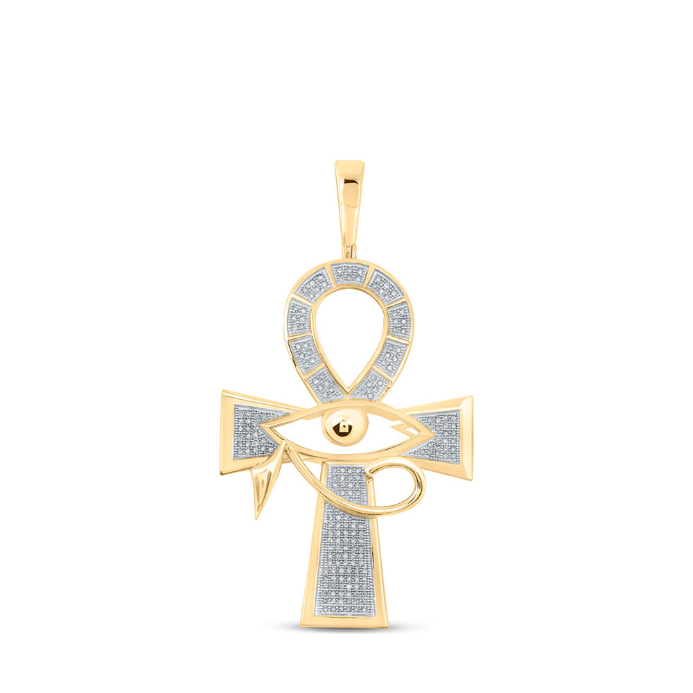 10kt Yellow Gold Mens Round Diamond Ankh Eye Cross Charm Pendant 1/2 Cttw