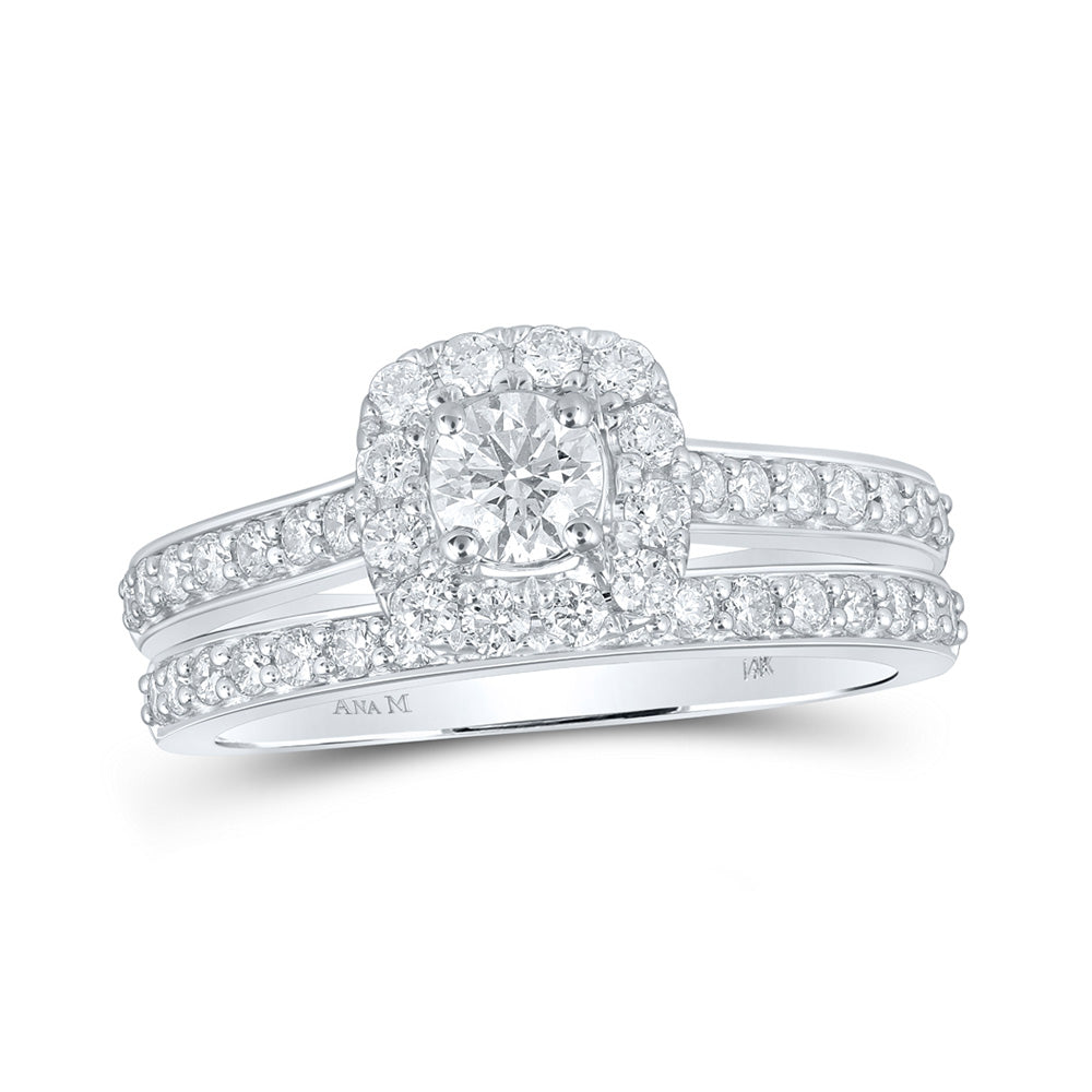 14kt White Gold Round Diamond Halo Bridal Wedding Ring Band Set 1 Cttw