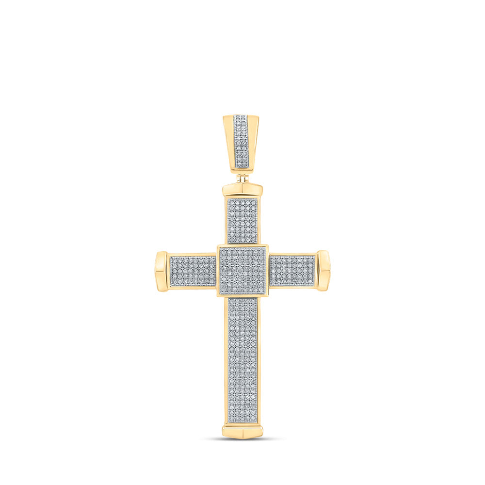 10kt Yellow Gold Mens Round Diamond Cross Charm Pendant 1 Cttw