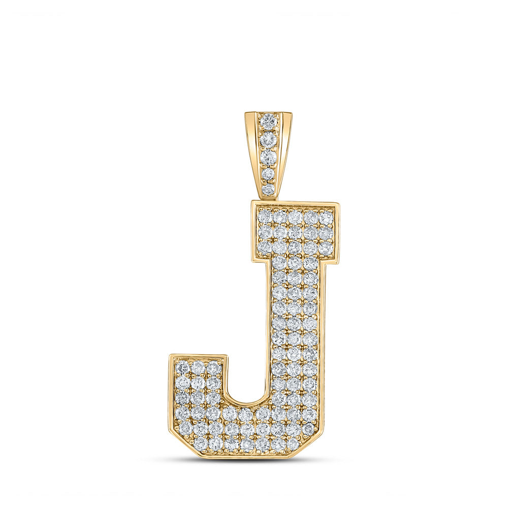 10kt Yellow Gold Mens Round Diamond J Initial Letter Charm Pendant 1-3/8 Cttw