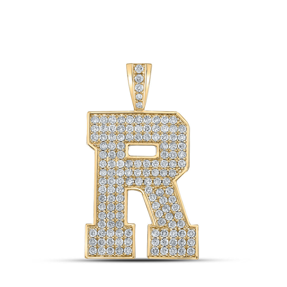 10kt Yellow Gold Mens Round Diamond R Initial Letter Charm Pendant 2-1/4 Cttw