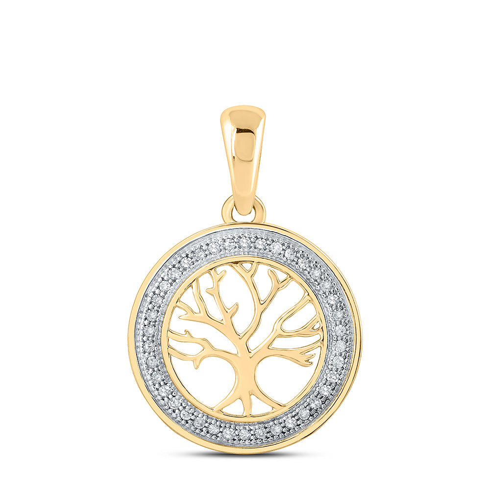 10kt Yellow Gold Womens Round Diamond Tree of Life Circle Pendant 1/10 Cttw