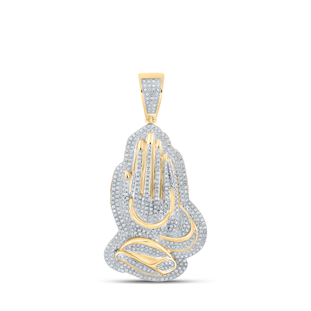 10kt Yellow Gold Mens Round Diamond Praying Hands Charm Pendant 1-1/3 Cttw