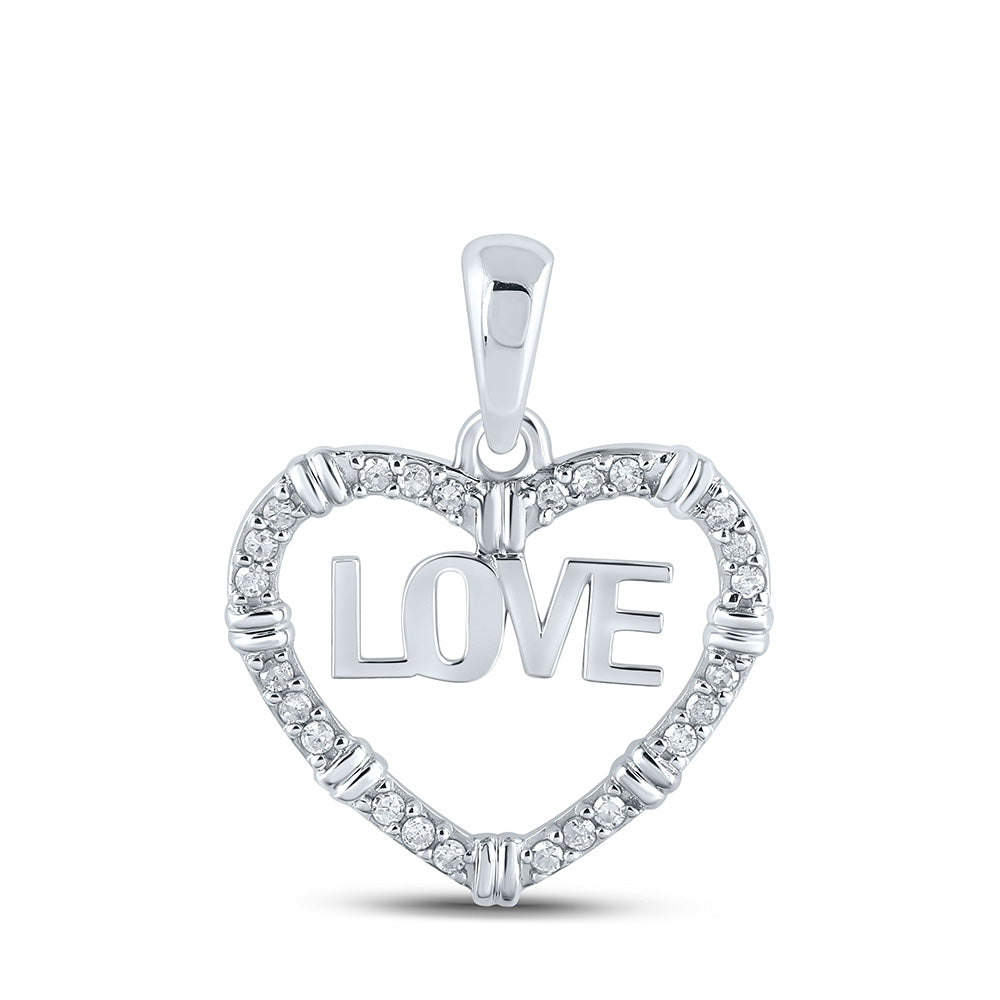 10kt White Gold Womens Round Diamond Love Heart Pendant 1/6 Cttw