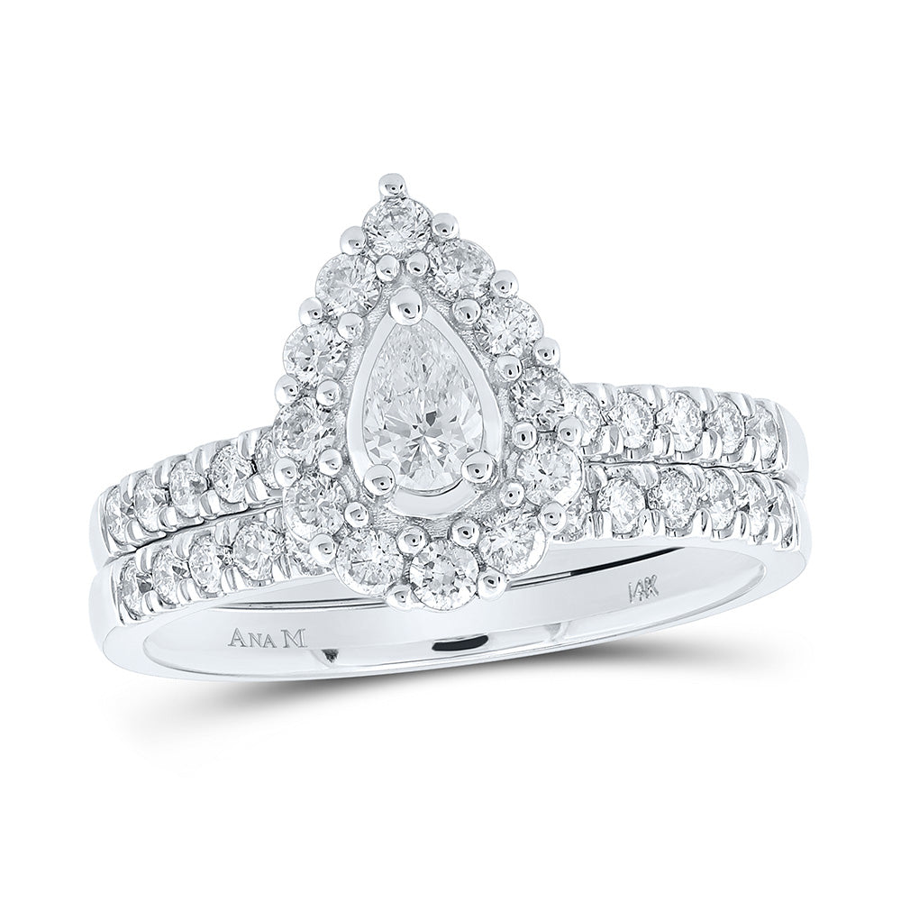 14kt White Gold Pear Diamond Halo Bridal Wedding Ring Band Set 1 Cttw