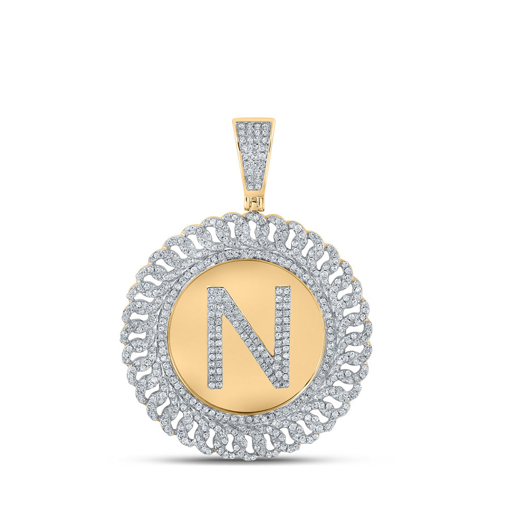 10kt Yellow Gold Mens Round Diamond Letter N Circle Charm Pendant 1-1/4 Cttw