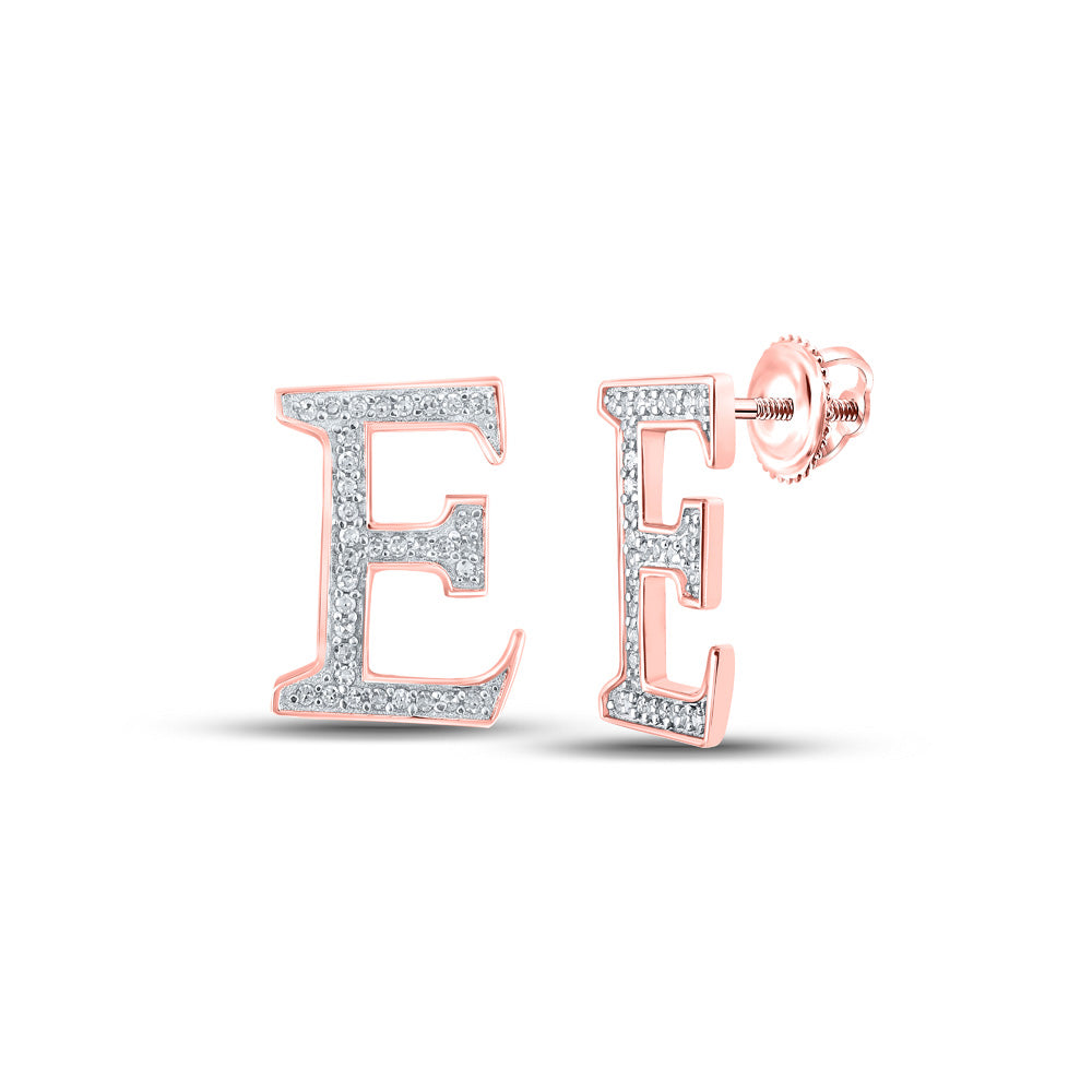 10kt Rose Gold Womens Round Diamond E Initial Letter Earrings 1/8 Cttw