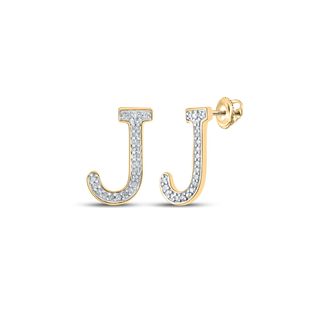 10kt Yellow Gold Womens Round Diamond J Initial Letter Earrings 1/10 Cttw