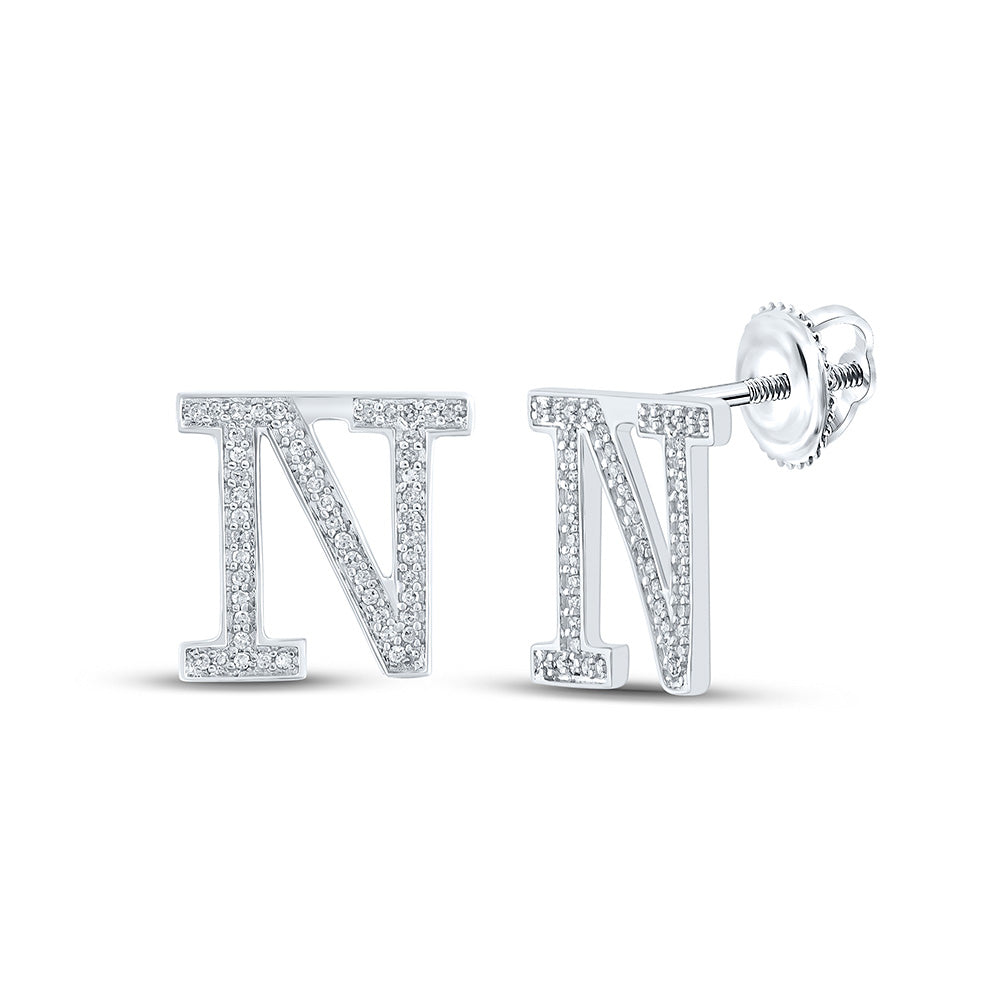 10kt White Gold Womens Round Diamond N Initial Letter Earrings 1/5 Cttw