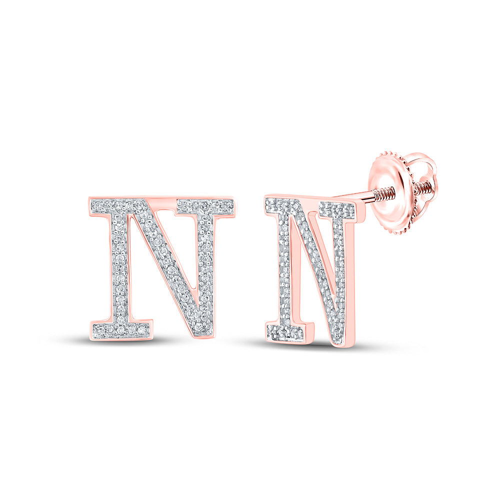 10kt Rose Gold Womens Round Diamond N Initial Letter Earrings 1/5 Cttw