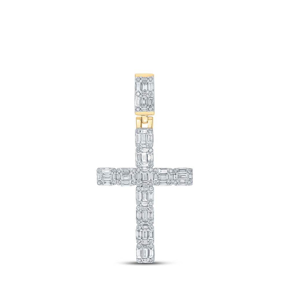 10kt Yellow Gold Mens Baguette Diamond Cross Charm Pendant 1-3/4 Cttw