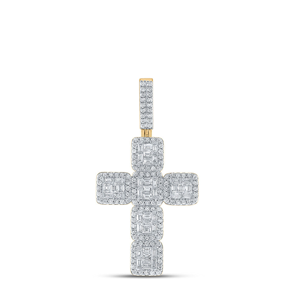 10kt Yellow Gold Mens Baguette Diamond Cross Charm Pendant 2-5/8 Cttw