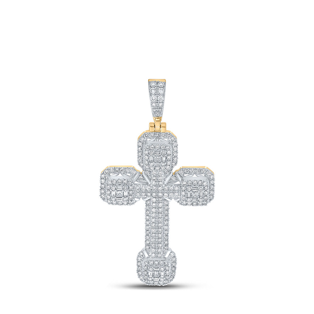 10kt Yellow Gold Mens Baguette Diamond Cross Charm Pendant 2-3/4 Cttw