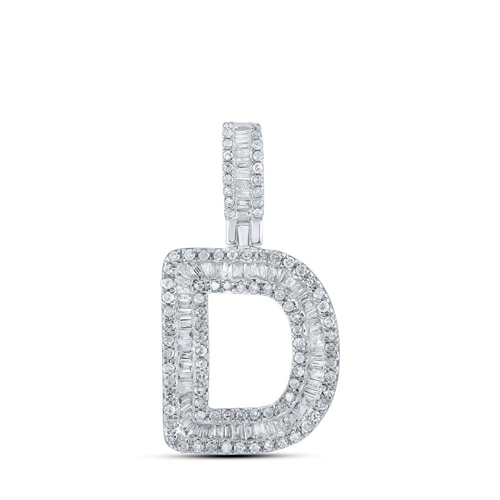 10kt White Gold Mens Baguette Diamond D Initial Letter Pendant 1/2 Cttw