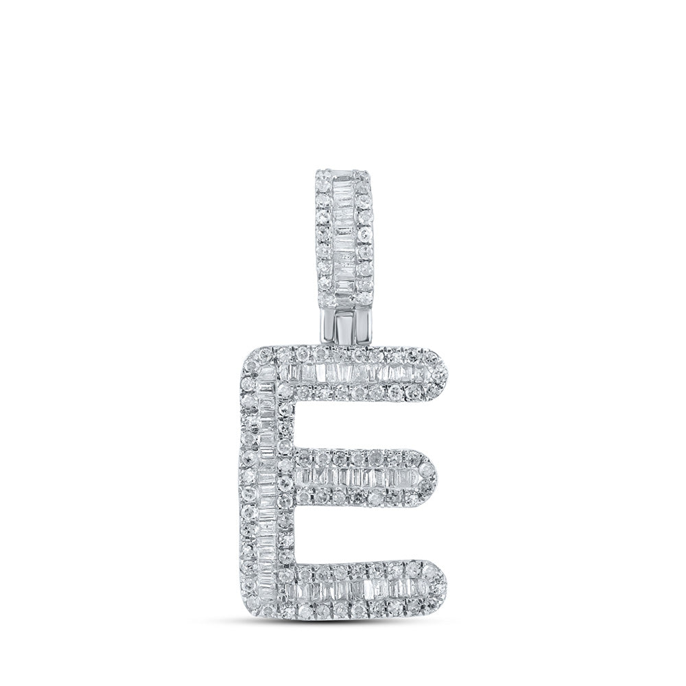 10kt White Gold Mens Baguette Diamond E Initial Letter Pendant 1/2 Cttw