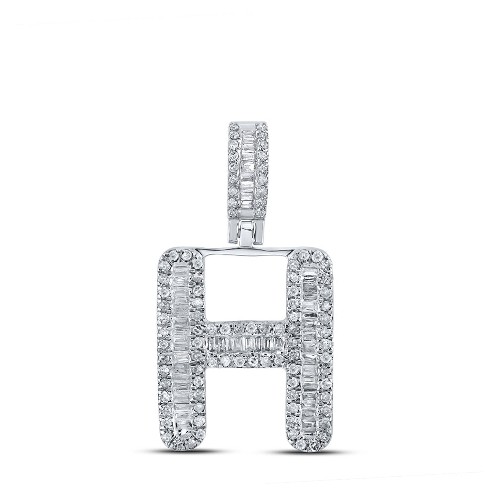 10kt White Gold Mens Baguette Diamond H Initial Letter Pendant 1/2 Cttw