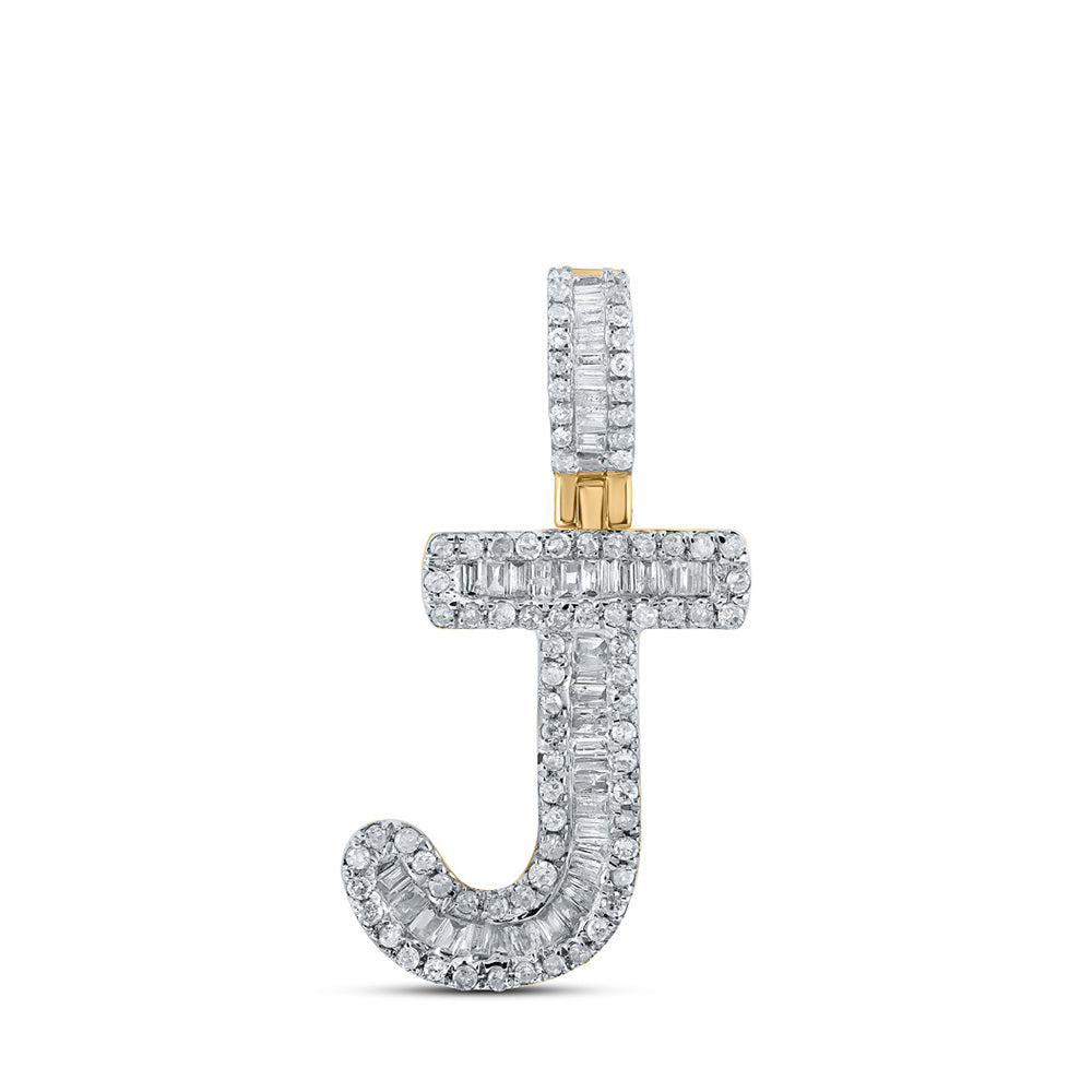 10kt Yellow Gold Mens Baguette Diamond J Initial Letter Pendant 3/8 Cttw