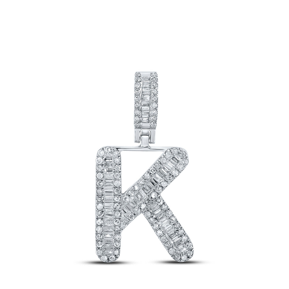 10kt White Gold Mens Baguette Diamond K Initial Letter Pendant 3/8 Cttw