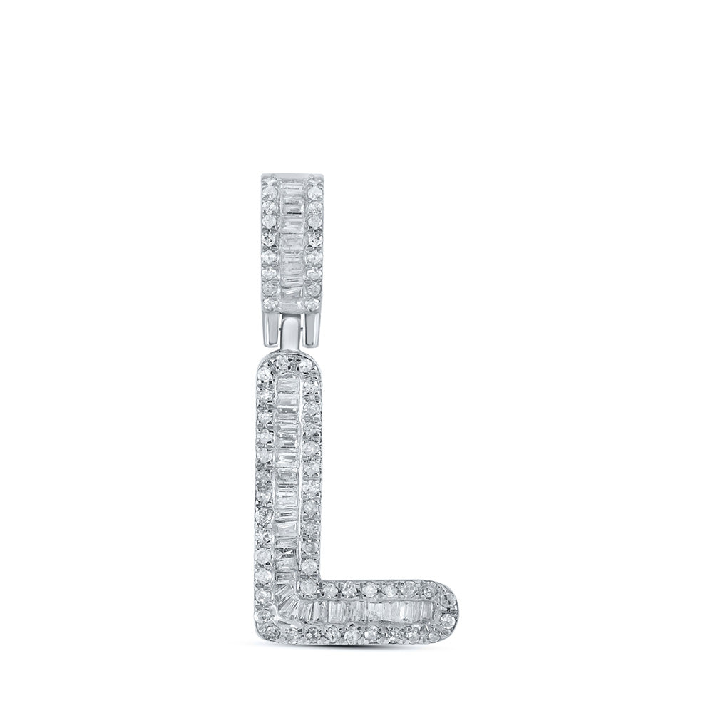 10kt White Gold Mens Baguette Diamond L Initial Letter Pendant 1/3 Cttw