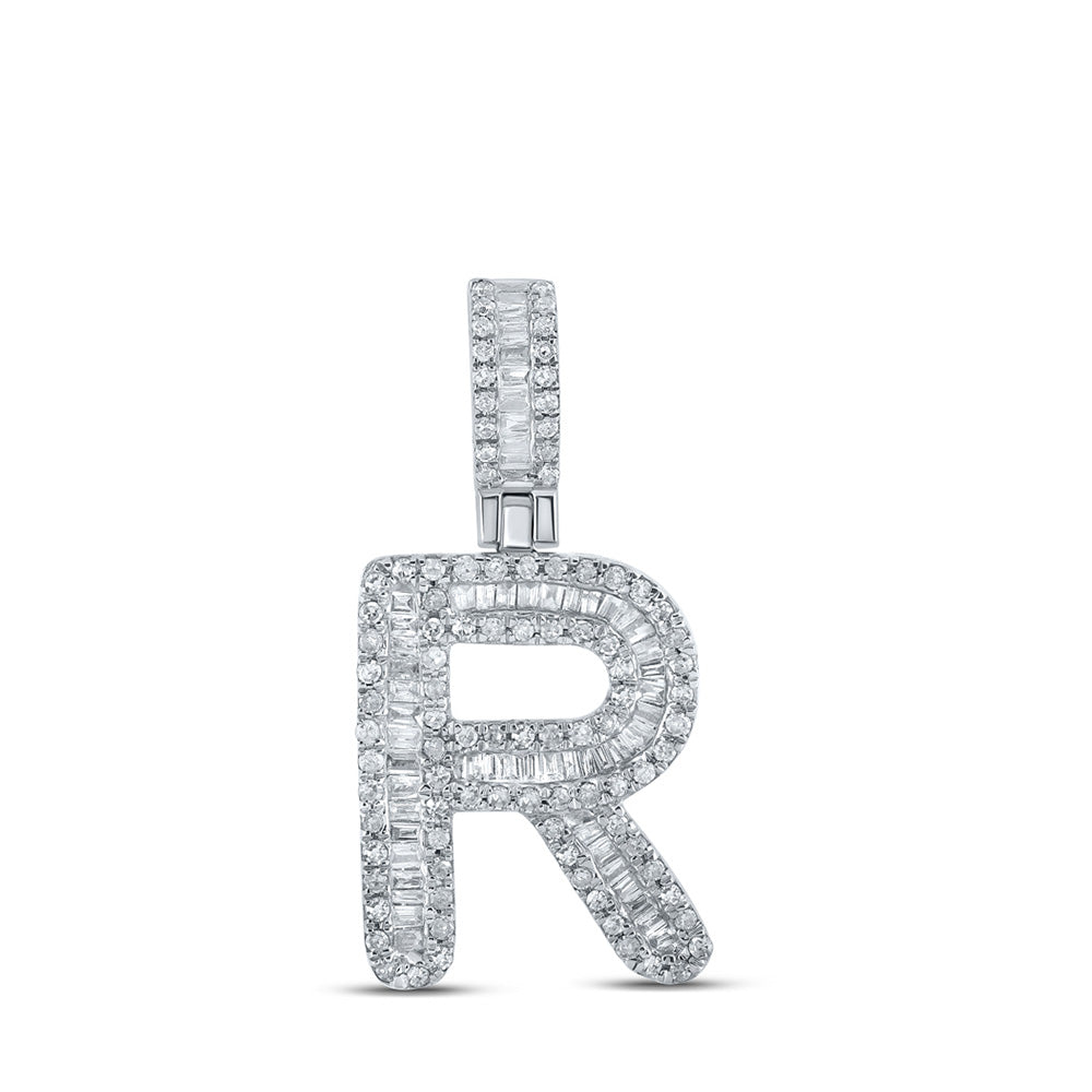 10kt White Gold Mens Baguette Diamond R Initial Letter Pendant 1/2 Cttw