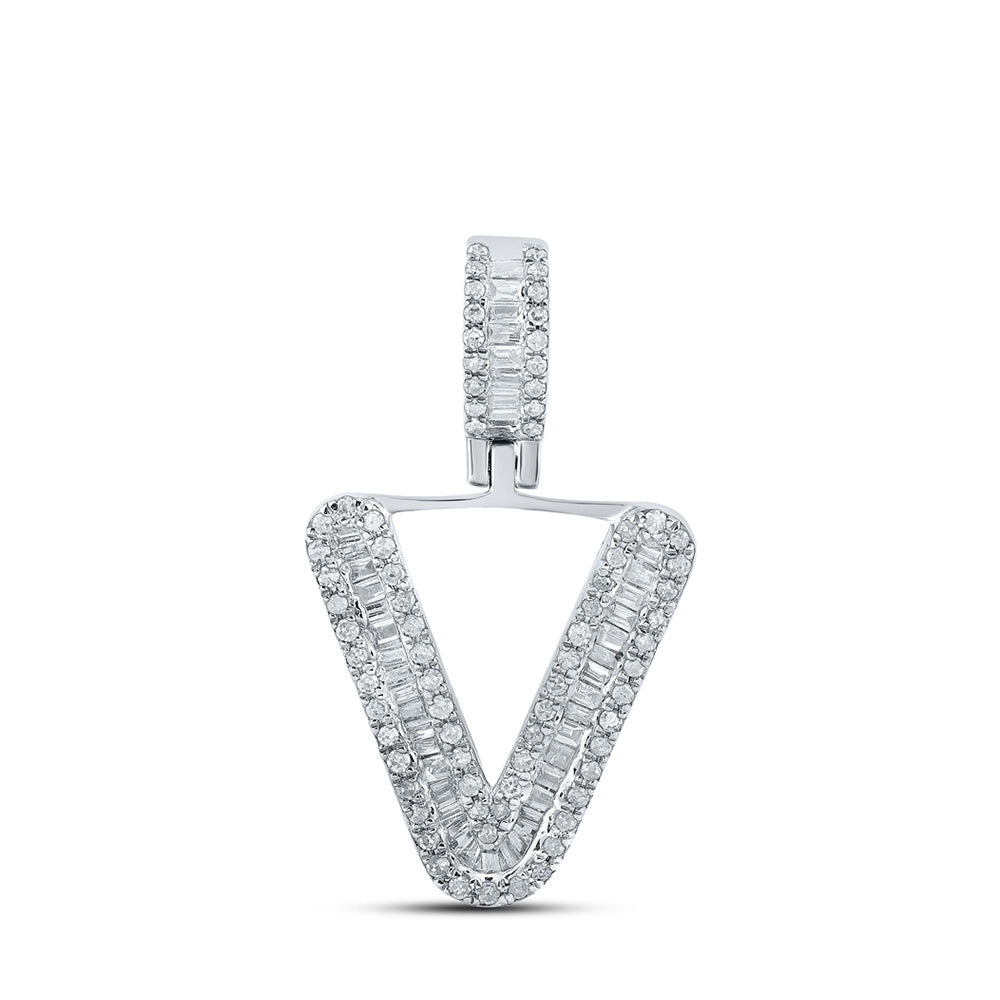 10kt White Gold Mens Baguette Diamond V Initial Letter Charm Pendant 3/8 Cttw