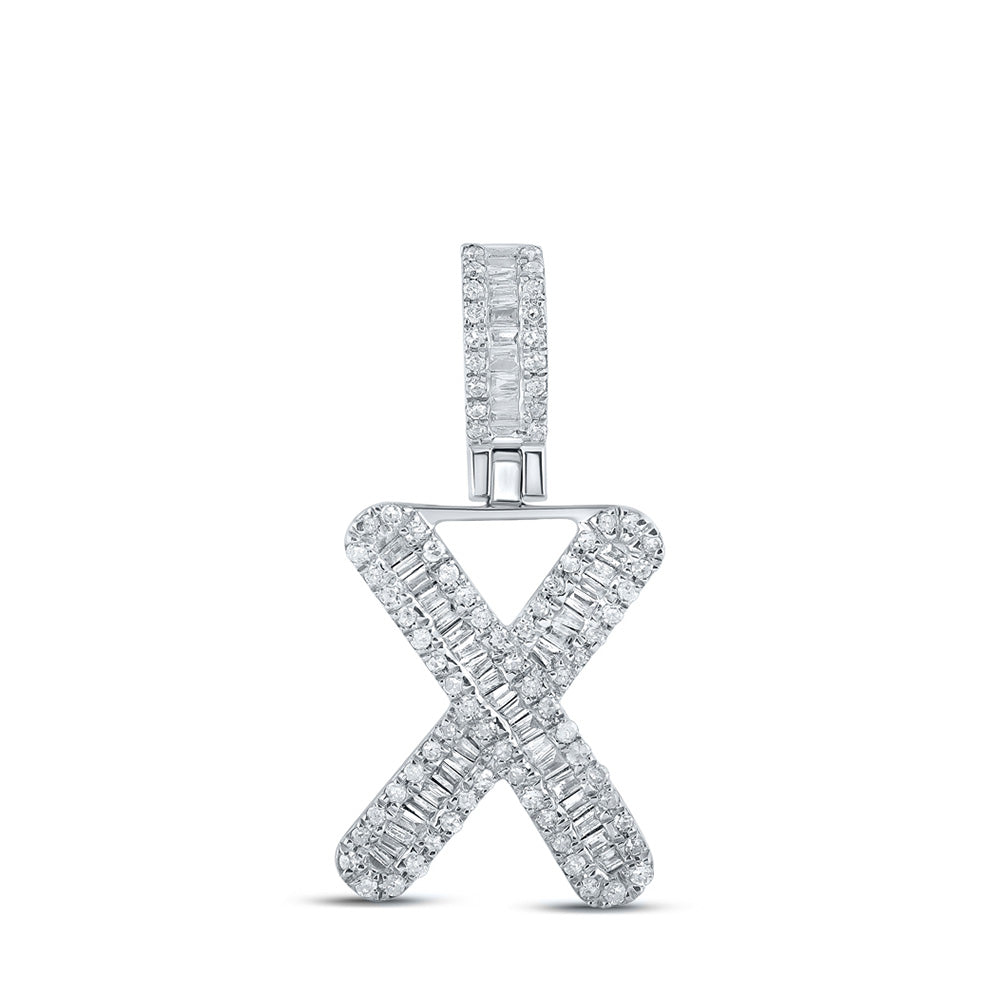 10kt White Gold Mens Baguette Diamond X Initial Letter Pendant 3/8 Cttw