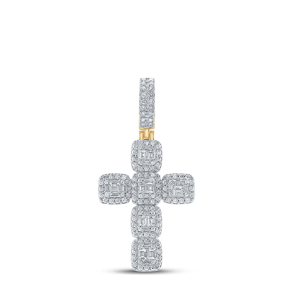 10kt Yellow Gold Mens Baguette Diamond Cross Charm Pendant 1-7/8 Cttw