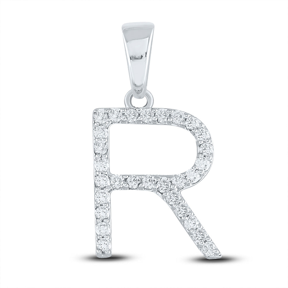 14kt White Gold Womens Round Diamond R Initial Letter Pendant 1/5 Cttw