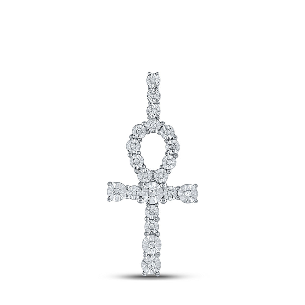 10kt White Gold Mens Round Diamond Ankh Cross Charm Pendant 1/5 Cttw