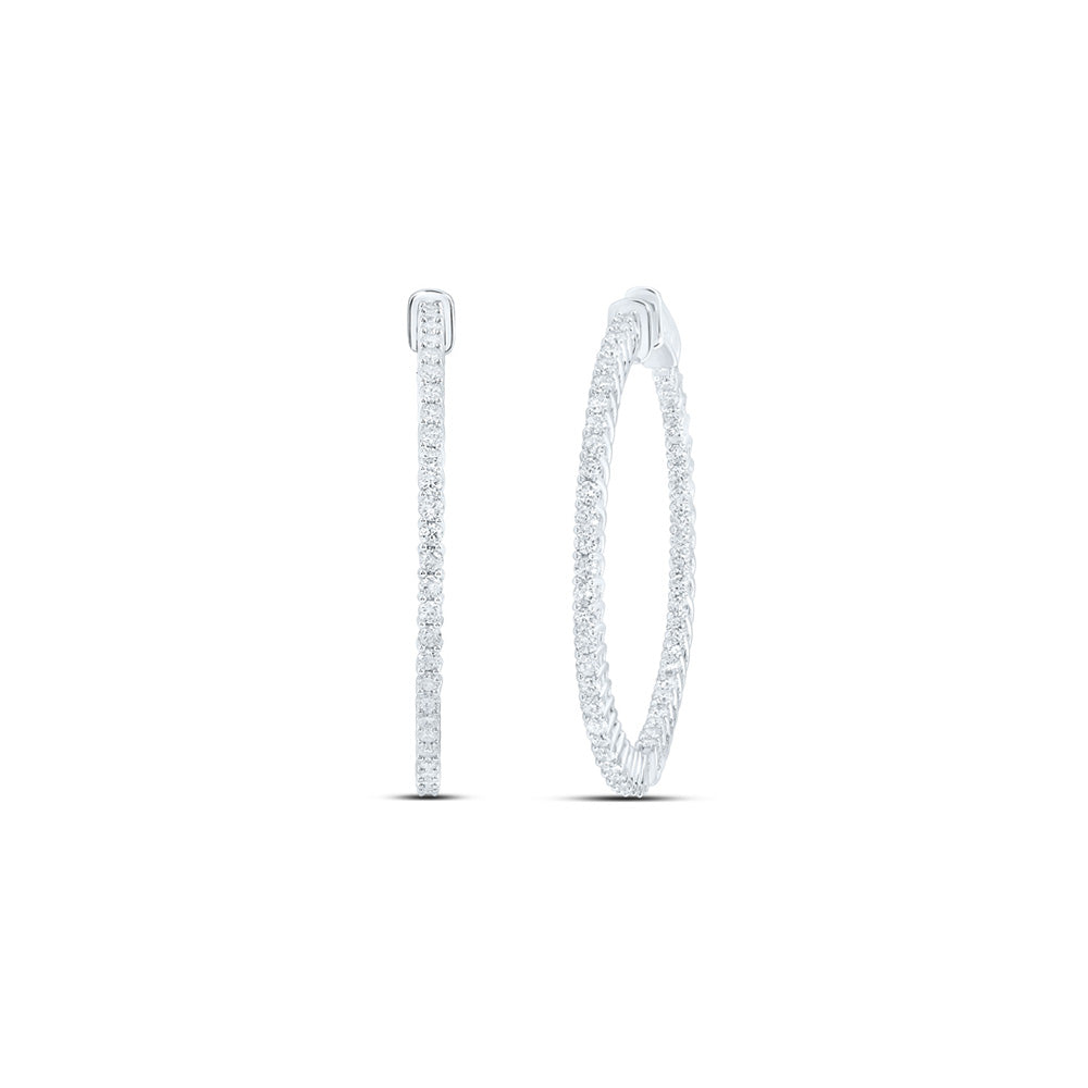 14kt White Gold Womens Round Diamond Slender In Out Hoop Earrings 2 Cttw