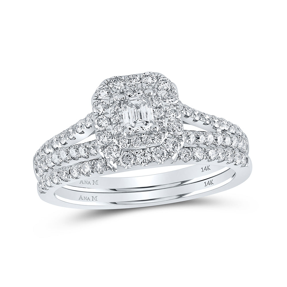 14kt White Gold Emerald Diamond Halo Bridal Wedding Ring Band Set 1 Cttw