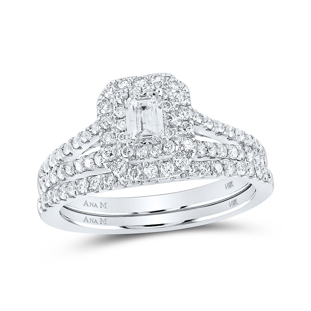 14kt White Gold Emerald Diamond Halo Bridal Wedding Ring Band Set 1 Cttw