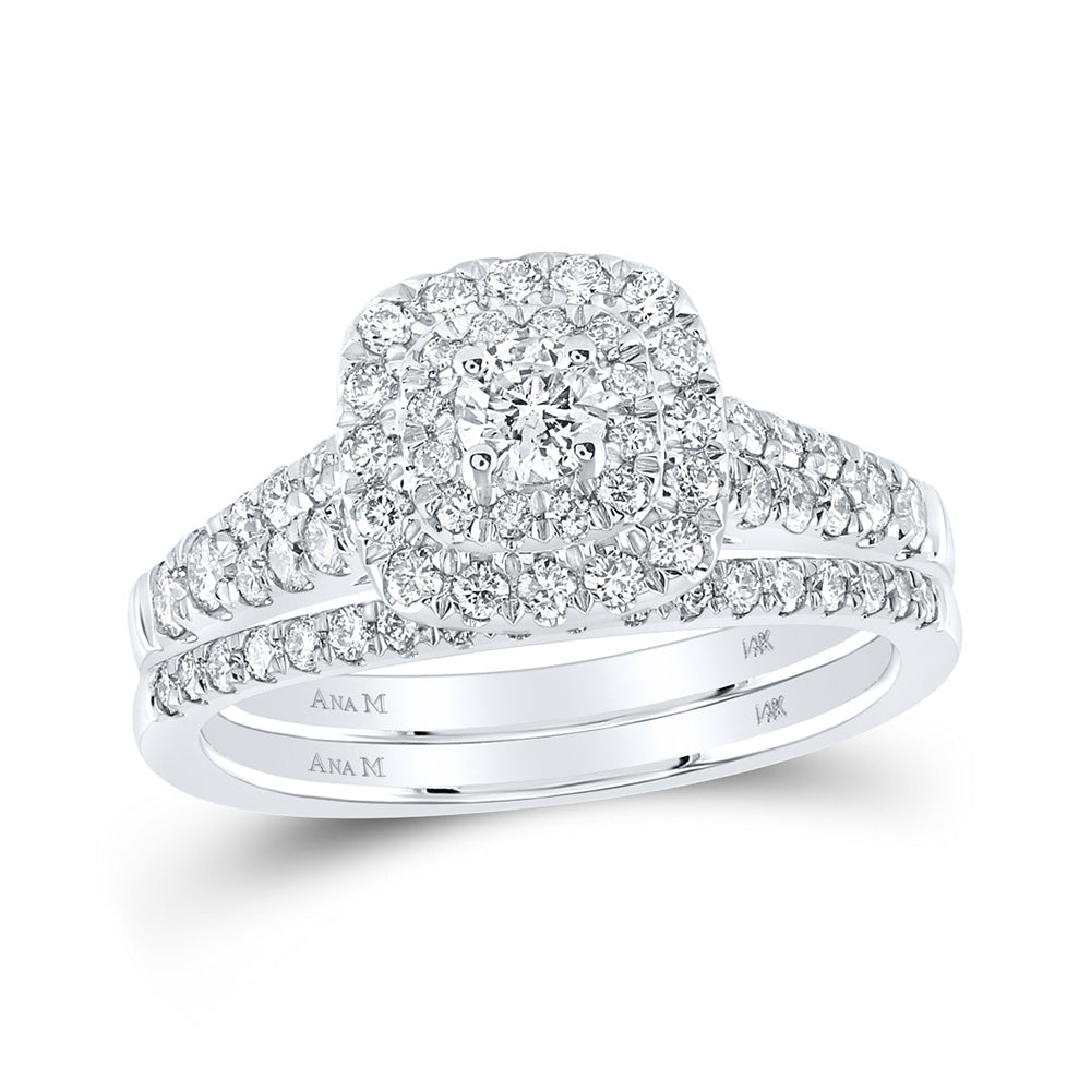 14kt White Gold Round Diamond Halo Bridal Wedding Ring Band Set 1 Cttw