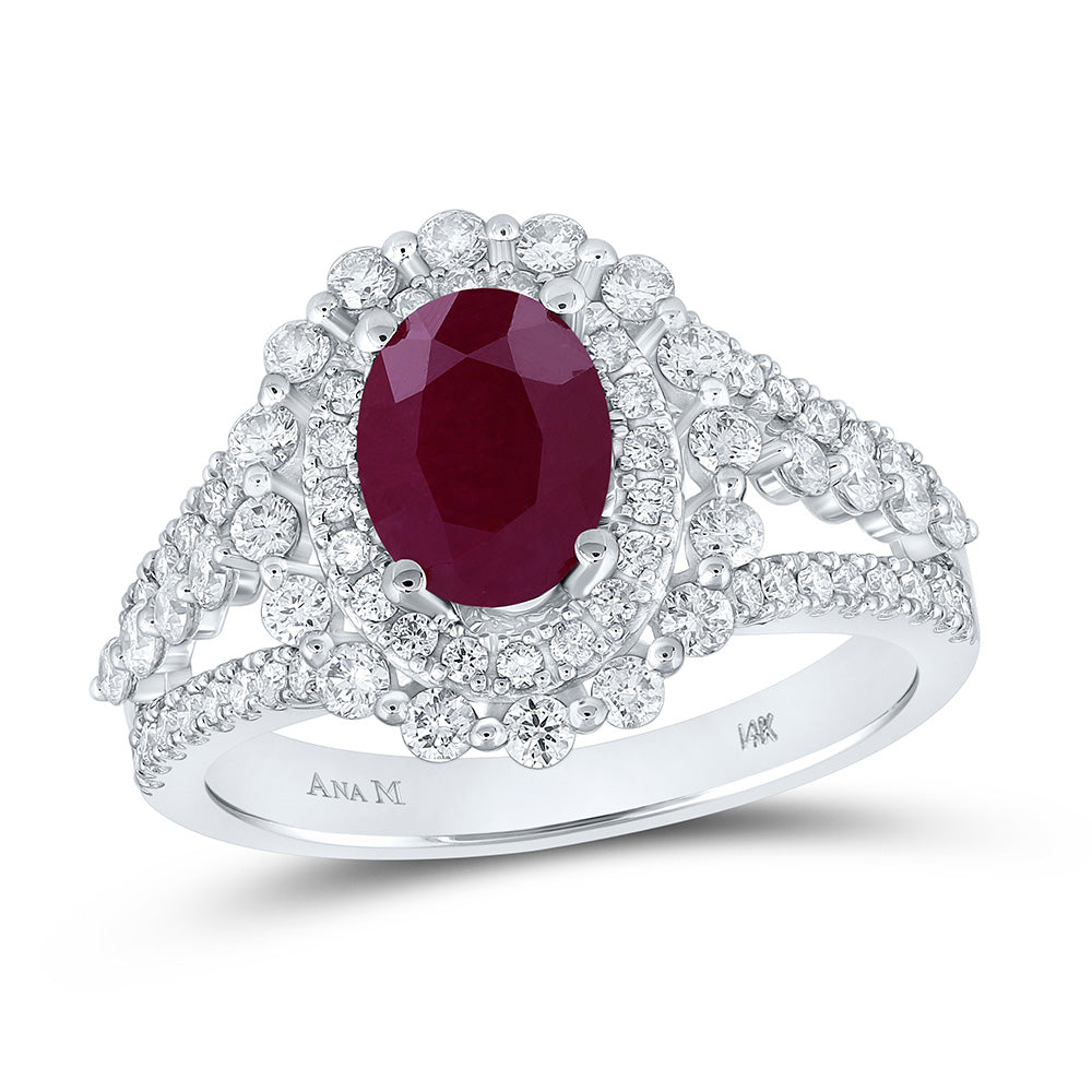 14kt White Gold Womens Oval Ruby Solitaire Diamond Fashion Ring 2 Cttw