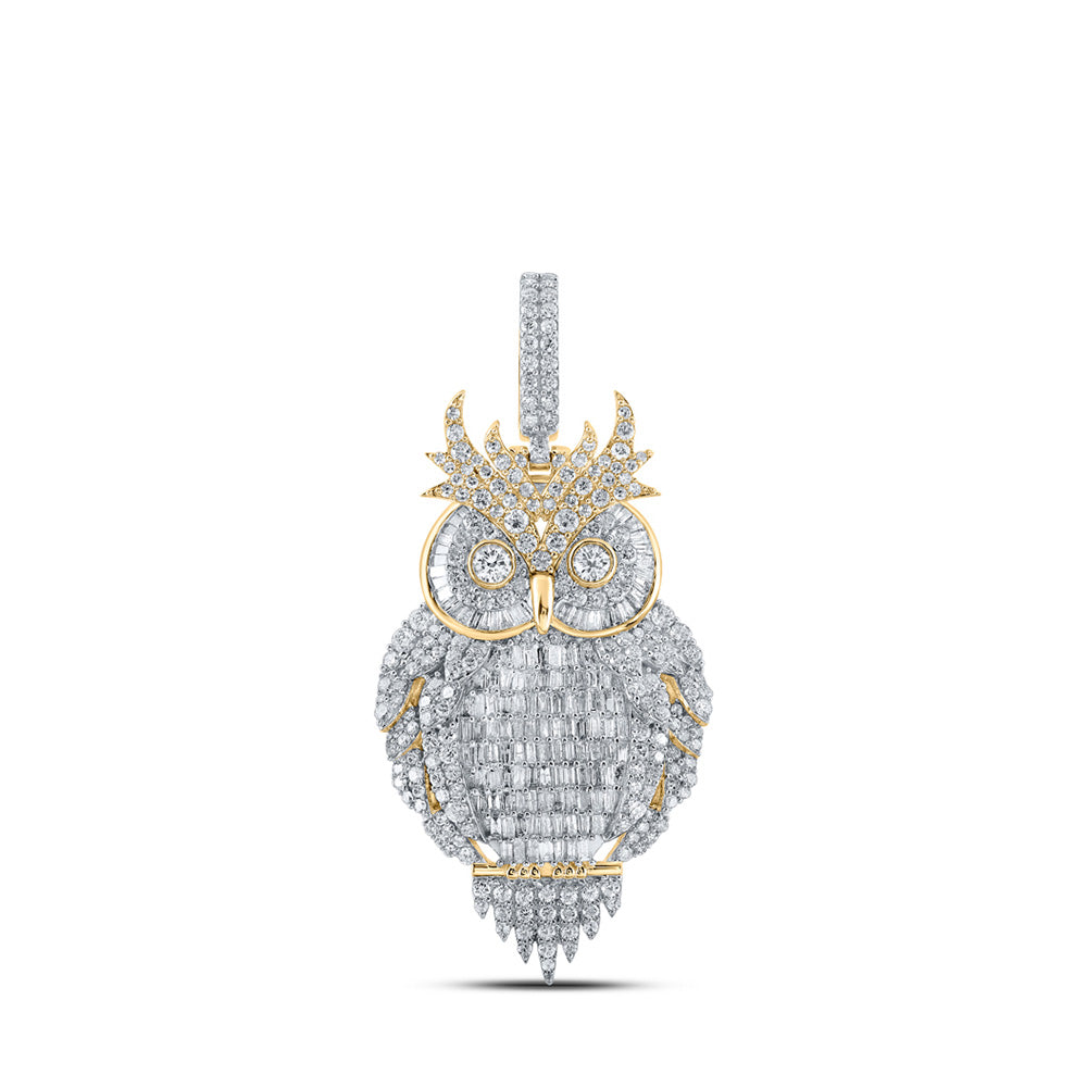 10kt Yellow Gold Mens Baguette Diamond Owl Bird Charm Pendant 3-7/8 Cttw