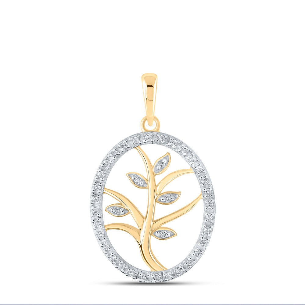 10kt Yellow Gold Womens Round Diamond Tree Oval Pendant 1/10 Cttw