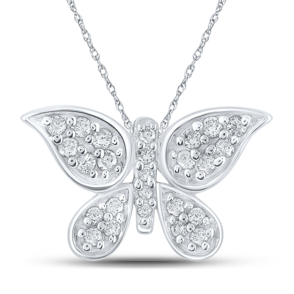 10kt White Gold Womens Round Diamond Butterfly Pendant 1/6 Cttw