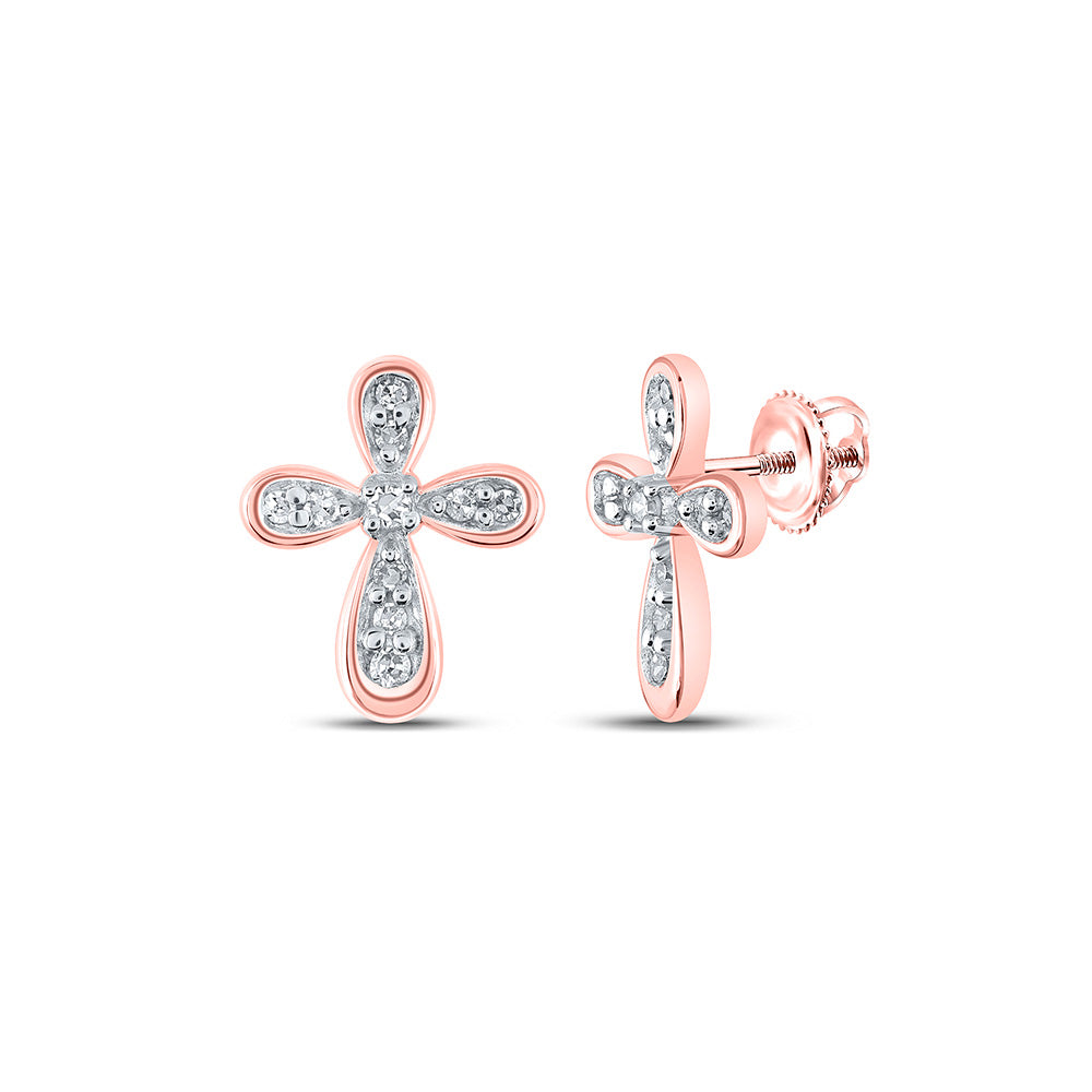 10kt Rose Gold Womens Round Diamond Cross Earrings 1/8 Cttw