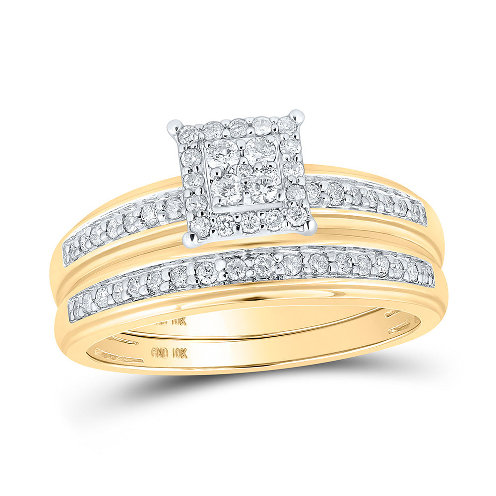 10kt Yellow Gold His Hers Round Diamond Square Matching Wedding Set 1/2 Cttw